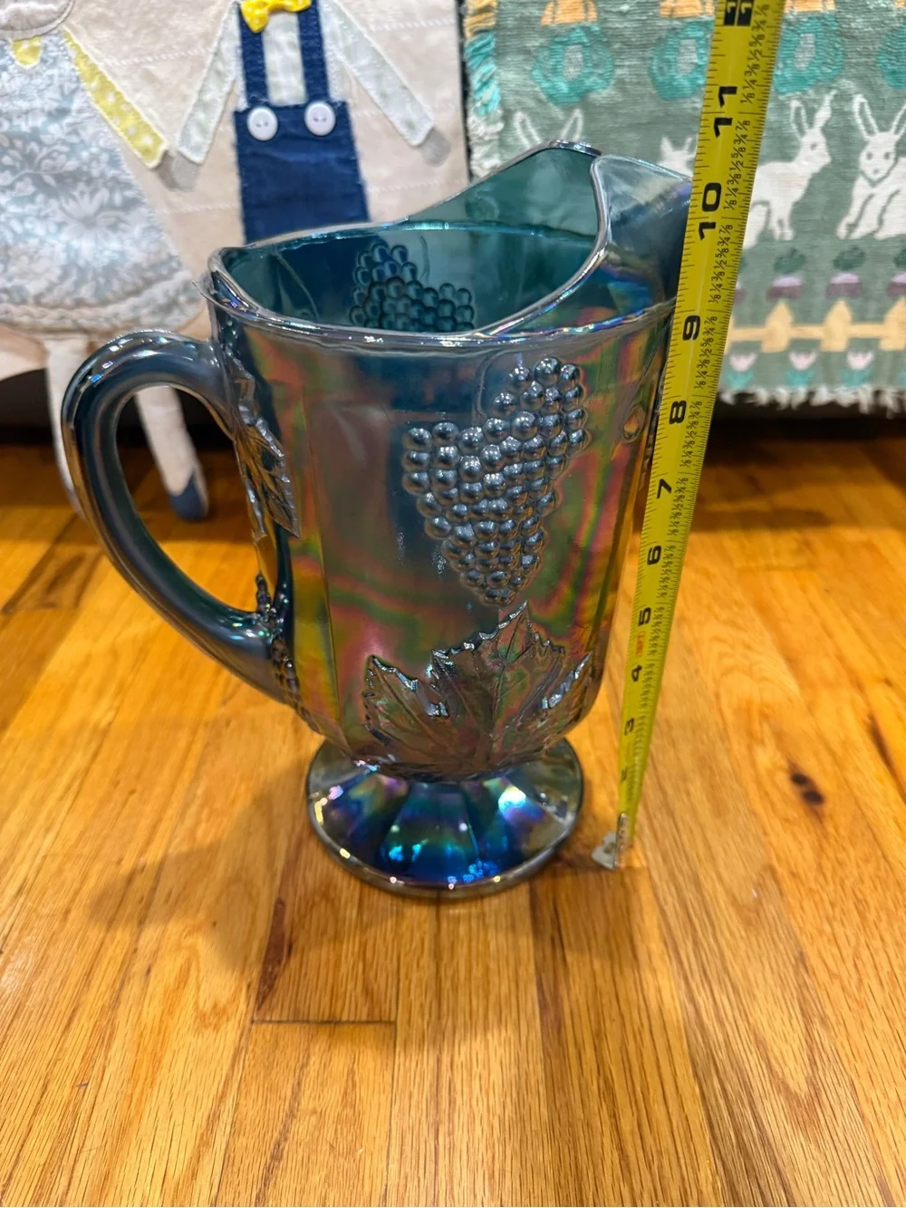 Iridescent Blue Glass Pitcher and 4 Goblets Set